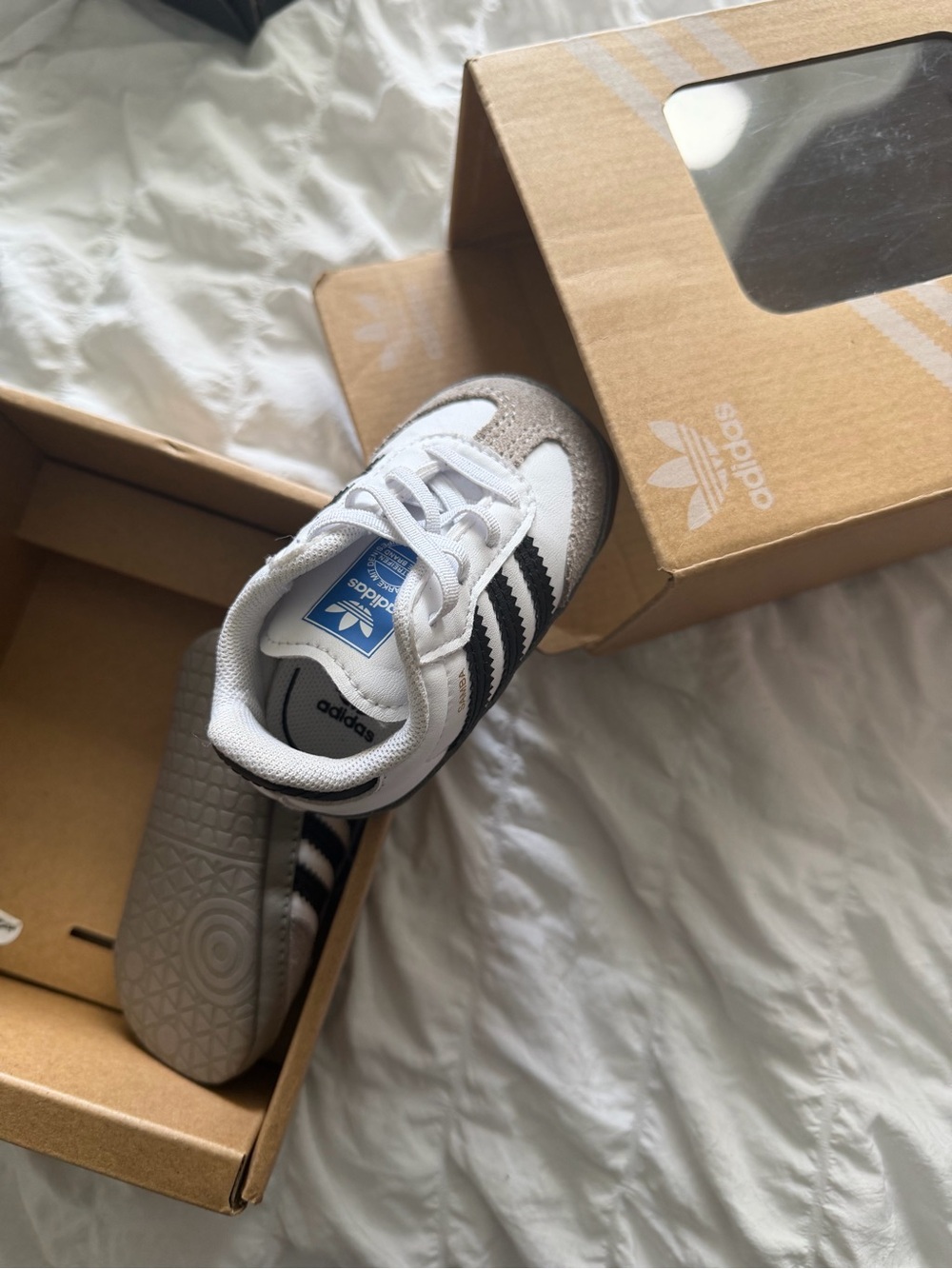 adidas Kids White Sneakers with Black Stripes and Gray Accents